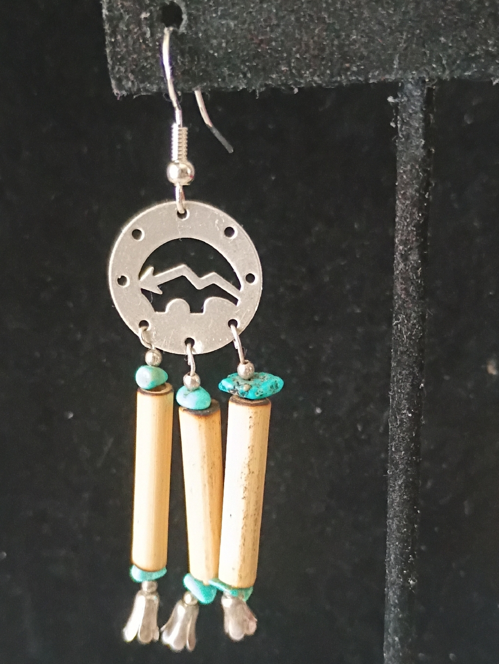 Native American Earrings  Silver Pllated Buffalo, Tulip And Turquoise Beads - Picture 6 of 11